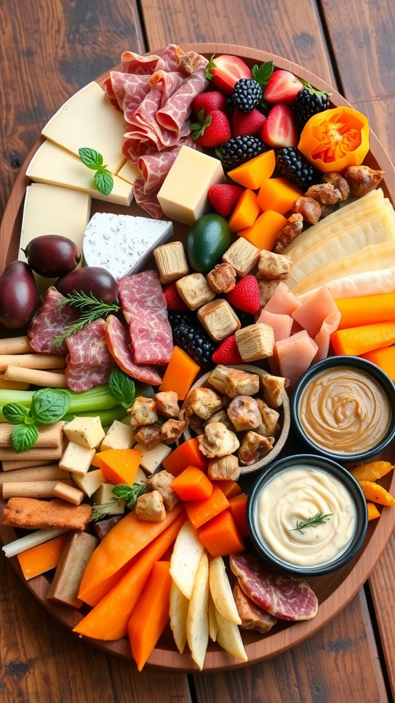 A colorful snack tray with cheeses, meats, fruits, veggies, and dips on a rustic table.